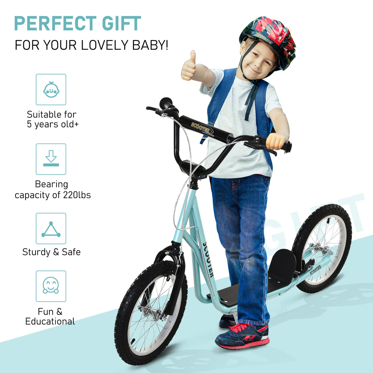 Aosom Kids Kick Scooter for 5+ Year Old, Kids Ride on Toy w/ 16'' Inflatable Wheel Dual Brakes