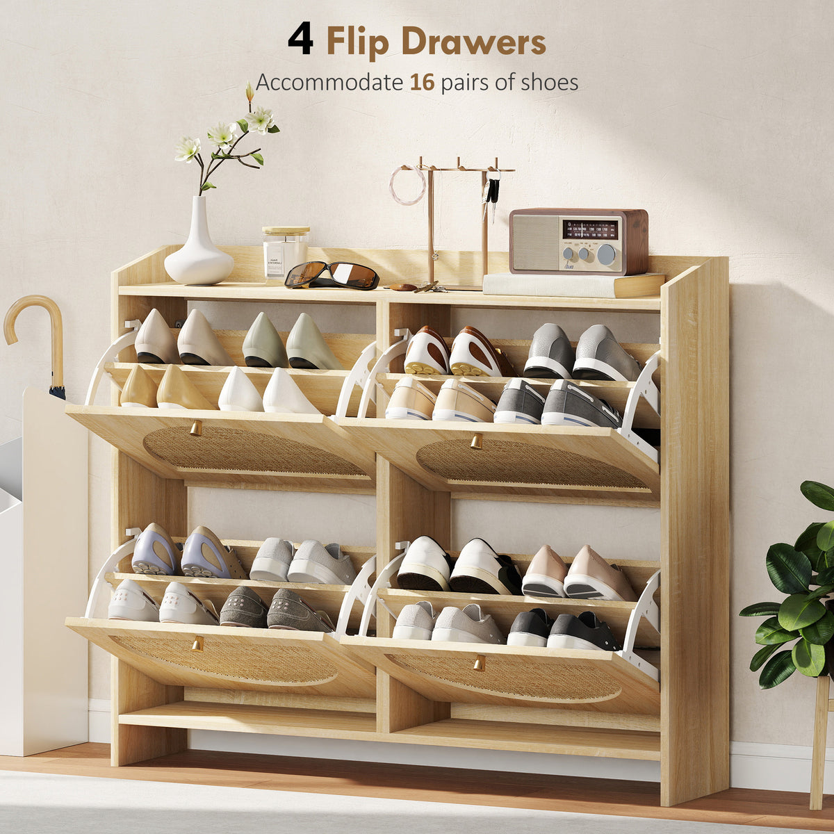 4 Flip-Drawer Shoe Cabinet, Shoe Storage Cabinet with Rattan Doors and Adjustable Shelves, Holds 16 Pairs, Natural