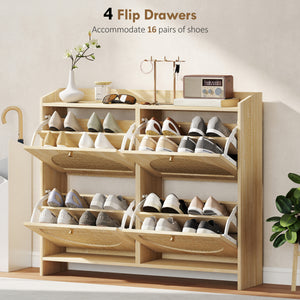 4 Flip-Drawer Shoe Cabinet, Shoe Storage Cabinet with Rattan Doors and Adjustable Shelves, Holds 16 Pairs, Natural