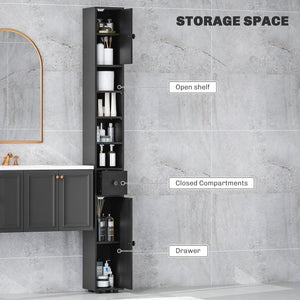 71" Tall Bathroom Cabinet, Narrow Toilet Paper Cabinet with Open Shelves, 2 Door Cabinets, Adjustable Shelves, Black