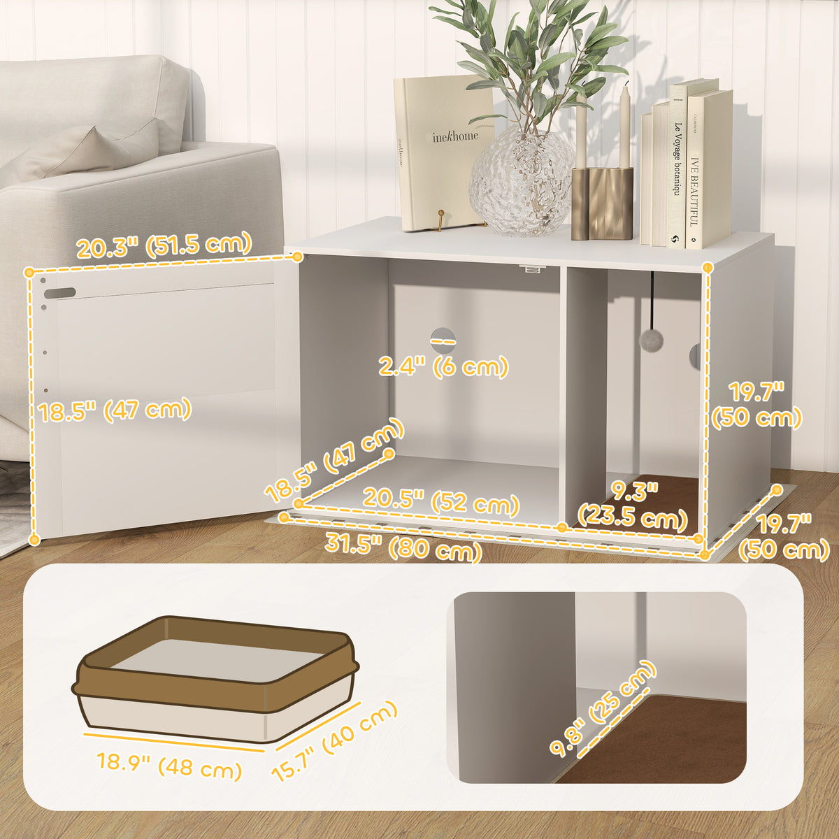 Cat Litter Box Enclosure, Cat Washroom End Side Table with Rattan Door, Scratching Pad, Non-slip Foot Pads – view 9