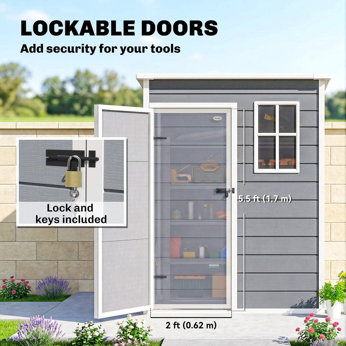 5 x 3FT Garden Shed with Floor, Outdoor Storage Shed with Lockable Door, Window and Vent for Backyard – view 12