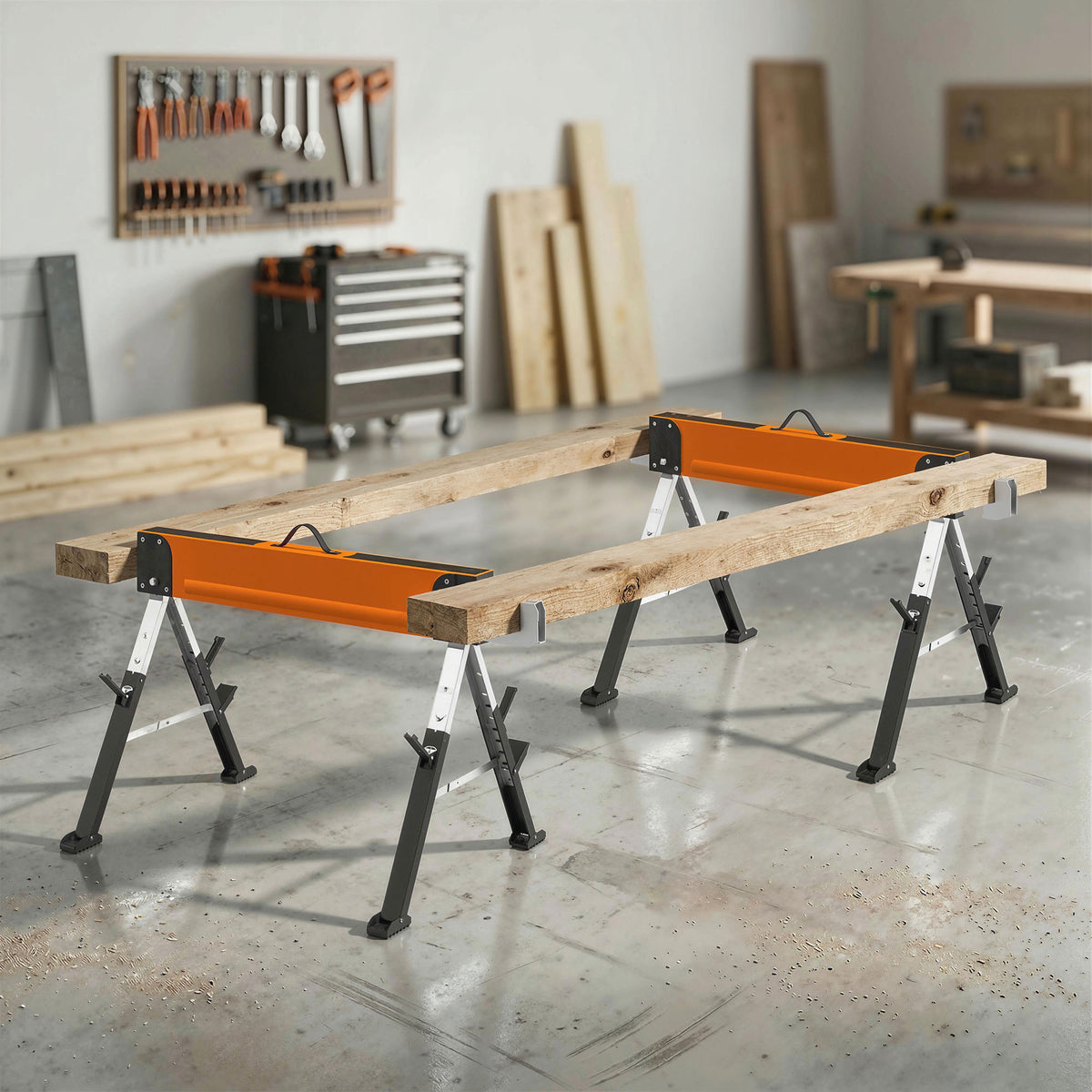 Saw Horses 2 Pack, Folding Heavy Duty Sawhorses with Adjustable Height and 2x6 Bracket, Carry Handle, Orange