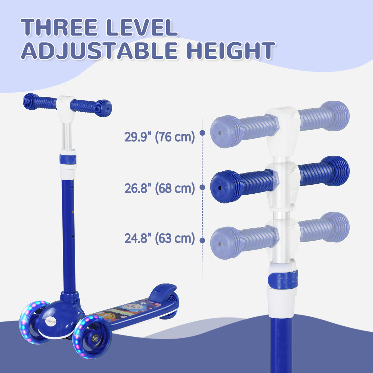 Qaba 3 Wheel Kids Scooter, Toddler Kick Scooter with Adjustable Height, Rear-Fender Brake, LED Light, TPE Handlebar