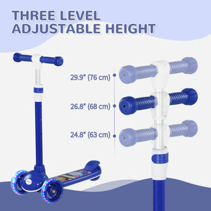 Qaba 3 Wheel Kids Scooter, Toddler Kick Scooter with Adjustable Height, Rear-Fender Brake, LED Light, TPE Handlebar