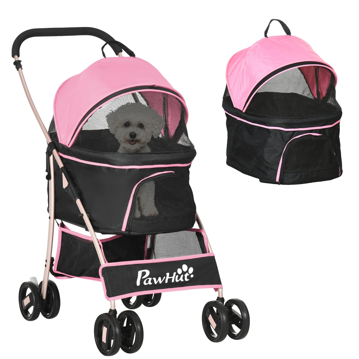 4 Wheels Pet Stroller, 3 in 1 Dog Cat Travel Folding Carrier, for Small Dogs, Detachable, w/ Brake, Canopy