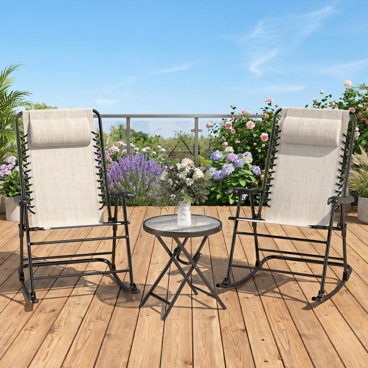 3pc Patio Rocking Chair Set, Folding Outdoor Rocking Chairs and Table Bistro Set w/ Breathable Mesh Seat – view 7