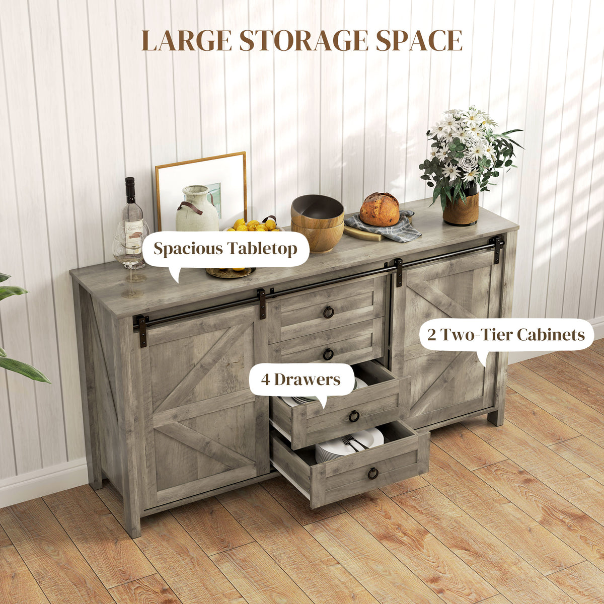 60" Buffet Cabinet, Farmhouse Sideboard with Sliding Barn Doors, Drawers and Adjustable Shelves, Cream White – view 11