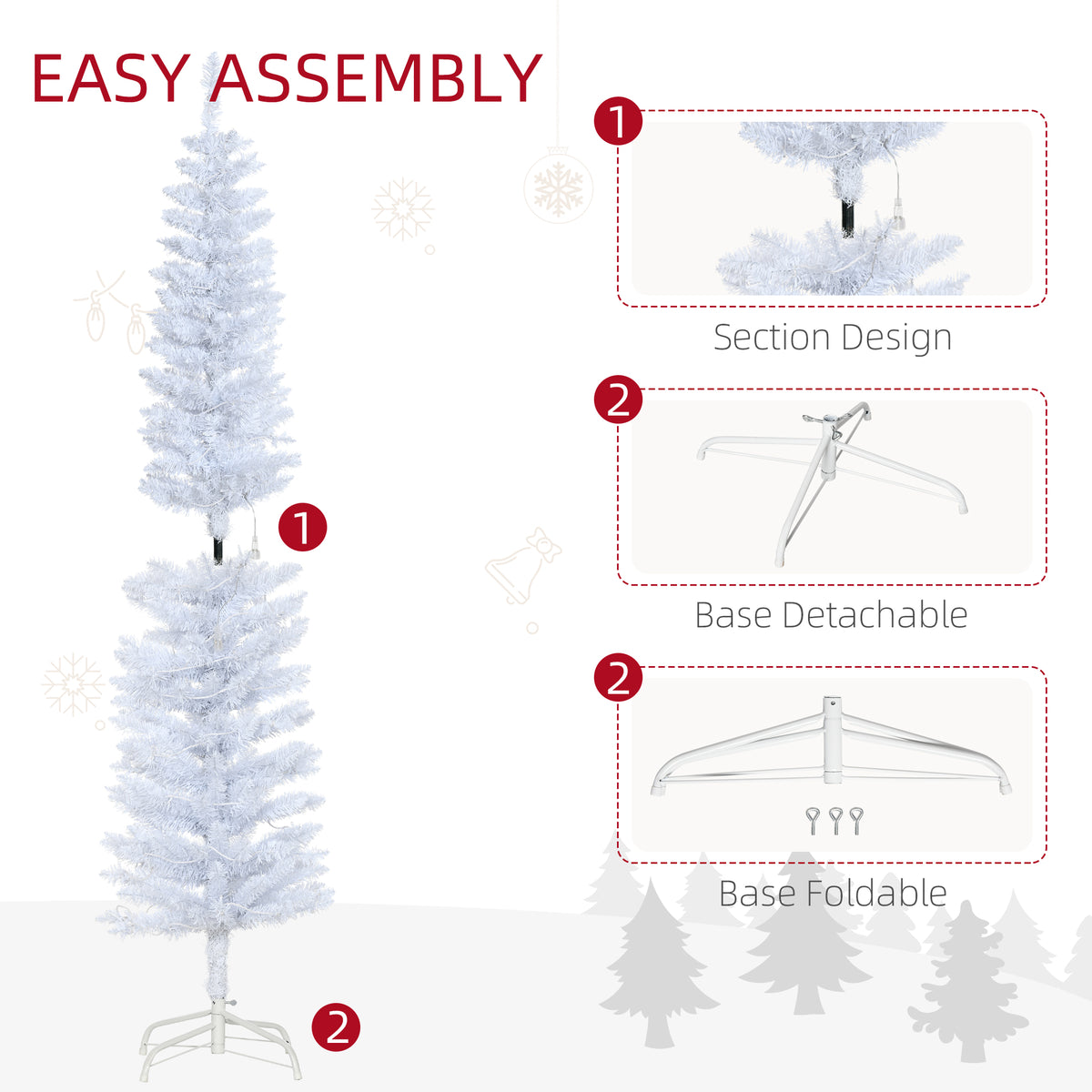6ft Tall Prelit Pencil Artificial Christmas Tree, Holiday Décor with 395 Realistic Branches, 100 LED Lights, Foldable Metal Base, White