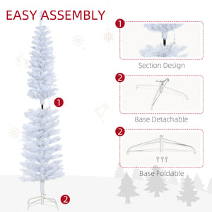 6ft Tall Prelit Pencil Artificial Christmas Tree, Holiday Décor with 395 Realistic Branches, 100 LED Lights, Foldable Metal Base, White