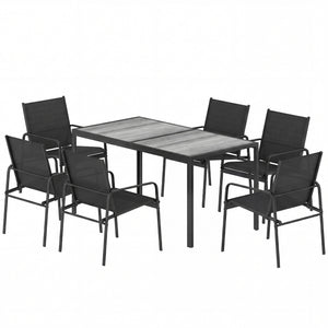 Outdoor Dining Set for 6, Faux Wood Patio Table and Chairs with Breathable Mesh Seat, Galvanized Steel Frame, Black