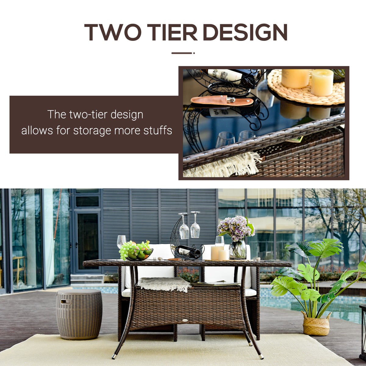 Garden Dining Table, Patio Rattan Dining Table with Glass Top, Storage Shelf for Yard, 59" x 34" x 29", Brown