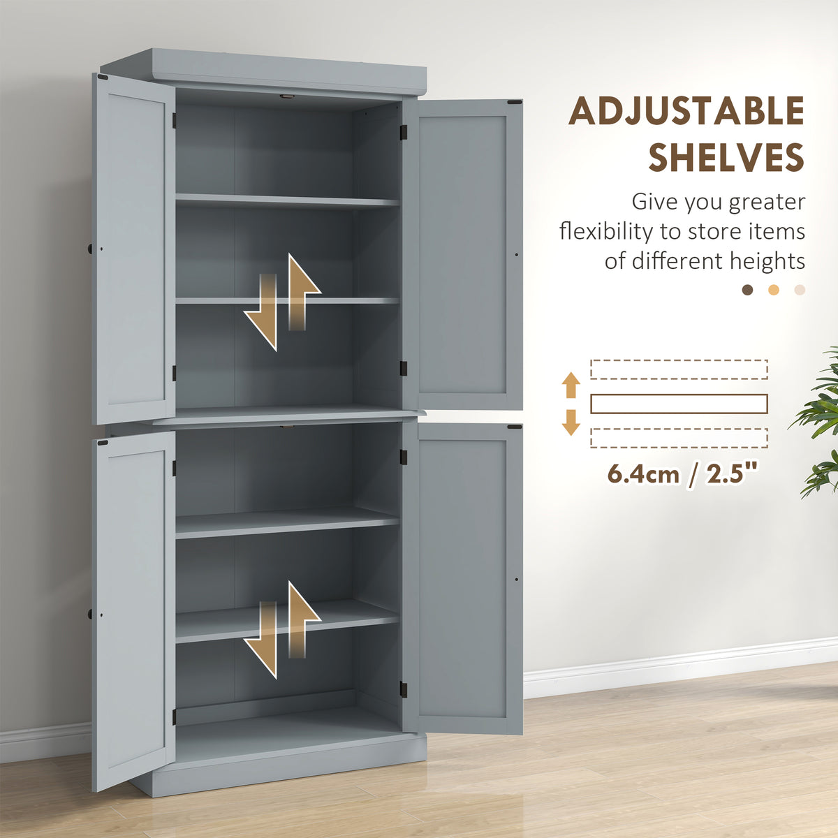 72.5" Freestanding Kitchen Pantry Cabinet with 4 Doors, Grey