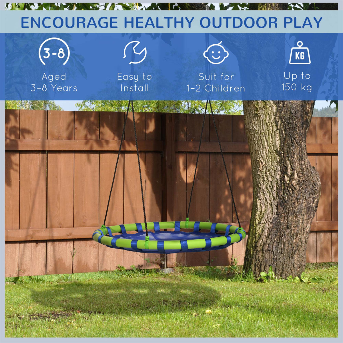 40 Inch Saucer Tree Swing Set for Kids with Adjustable Hanging Ropes, Steel Frame for Kids, 330lbs Capacity, Blue
