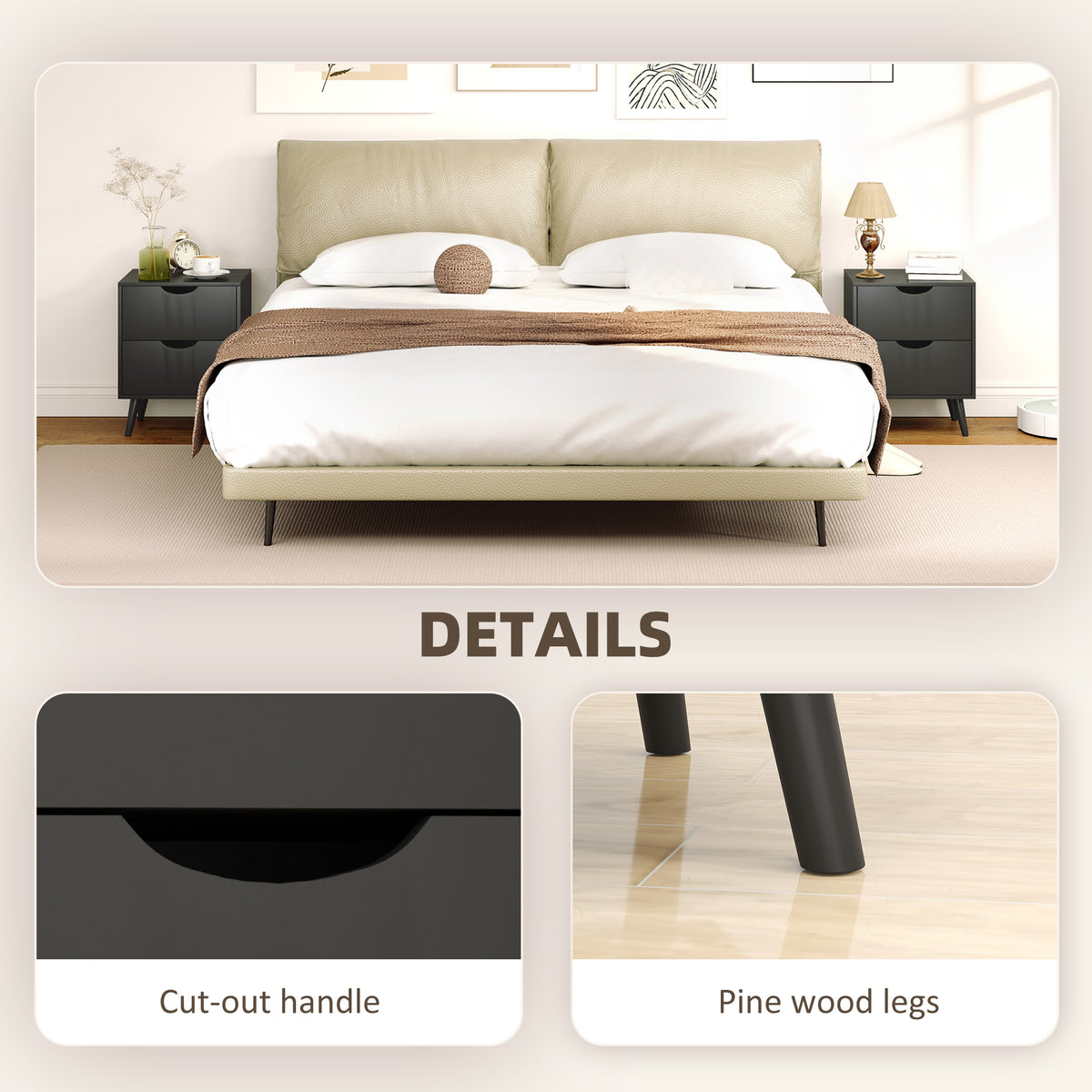 Modern Bedside Table, Nightstand with 2 Drawers and Pine Wood Legs for Bedroom, Living Room, White – view 19