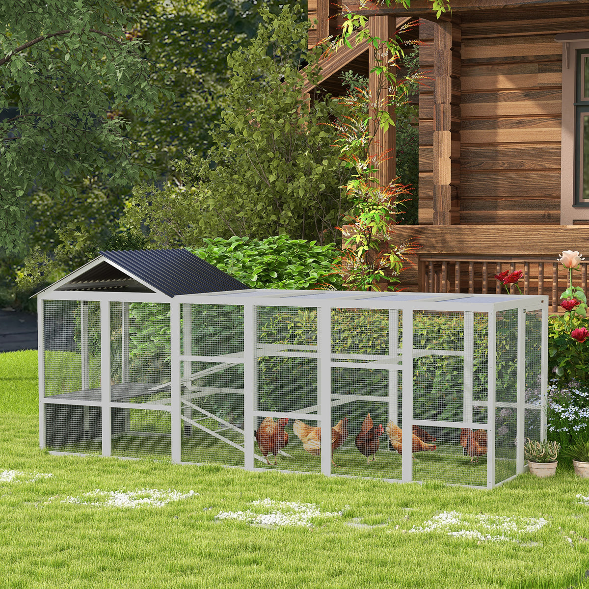 142" Outdoor Wooden Chicken Coop with Run, Ramps, Perches, Storage, Combinable Design for 6 - 10 Chickens, Grey