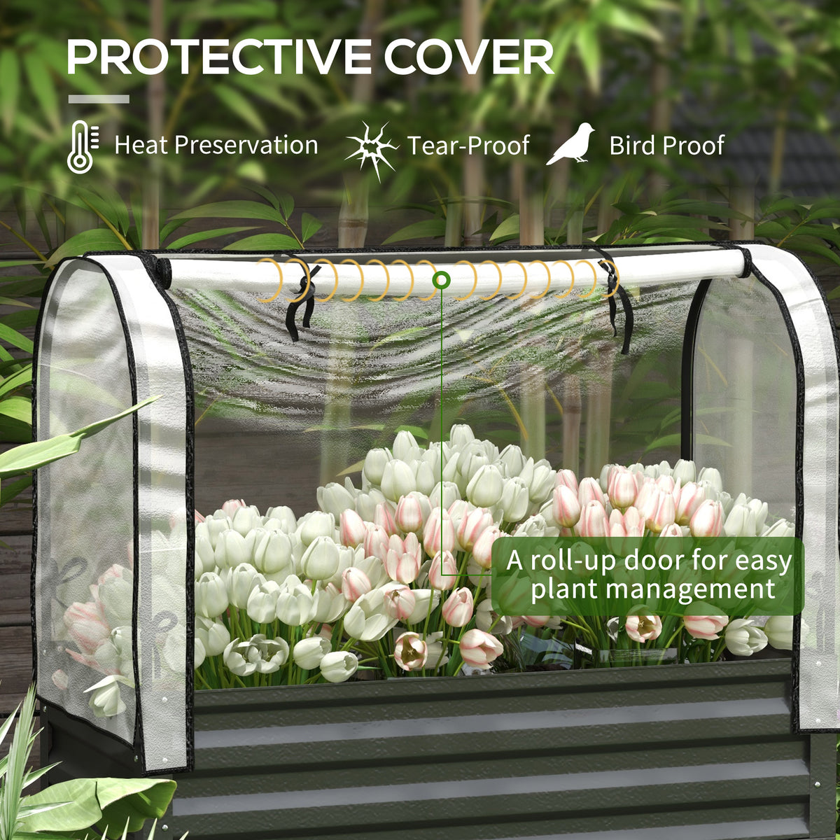 Raised Garden Bed with Cover, Metal Elevated Planter Box with Bottom Shelf and Liner, Black – view 3