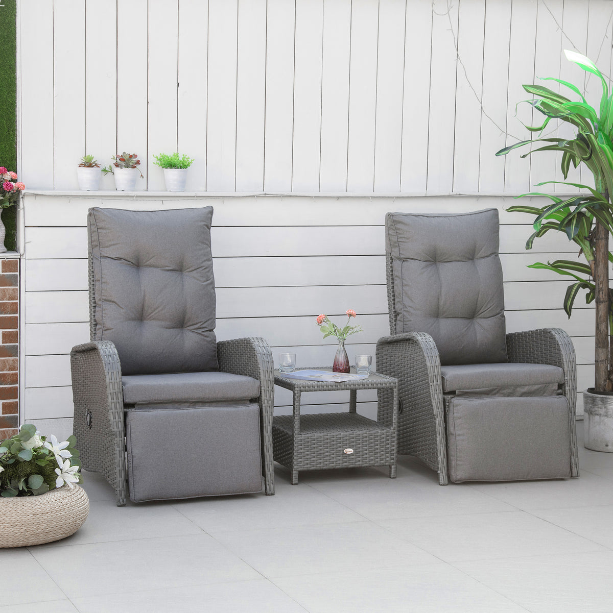 3 Pieces Patio Wicker Bistro Set, PE Rattan Coffee Table & Adjustable Recline Chairs Furniture Set – view 7