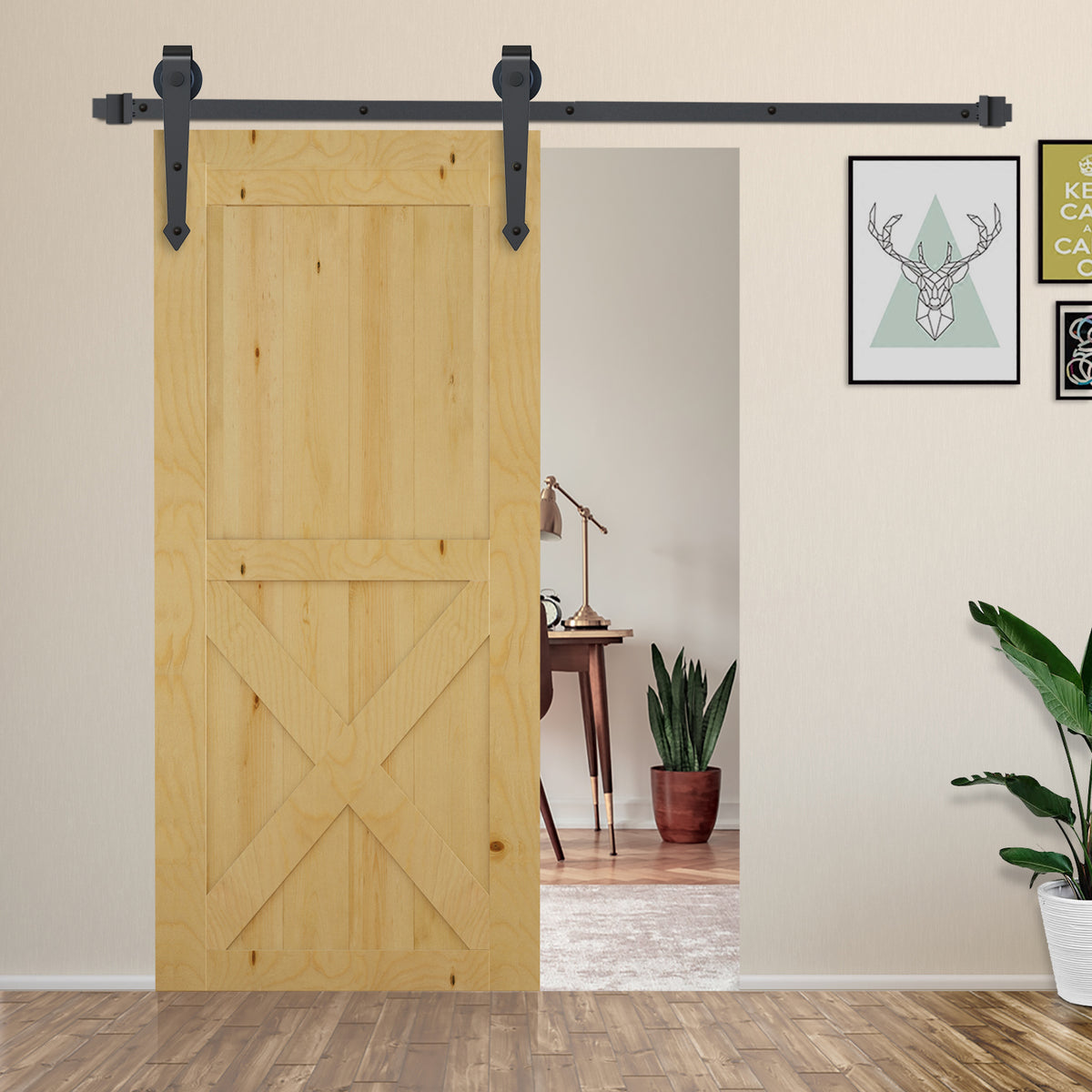 6.6FT Sliding Barn Door Track Kit, Heavy Duty Barn Door Hardware Kit, Fit 39" Wide Door Panel (J Shape Hanger), Brown