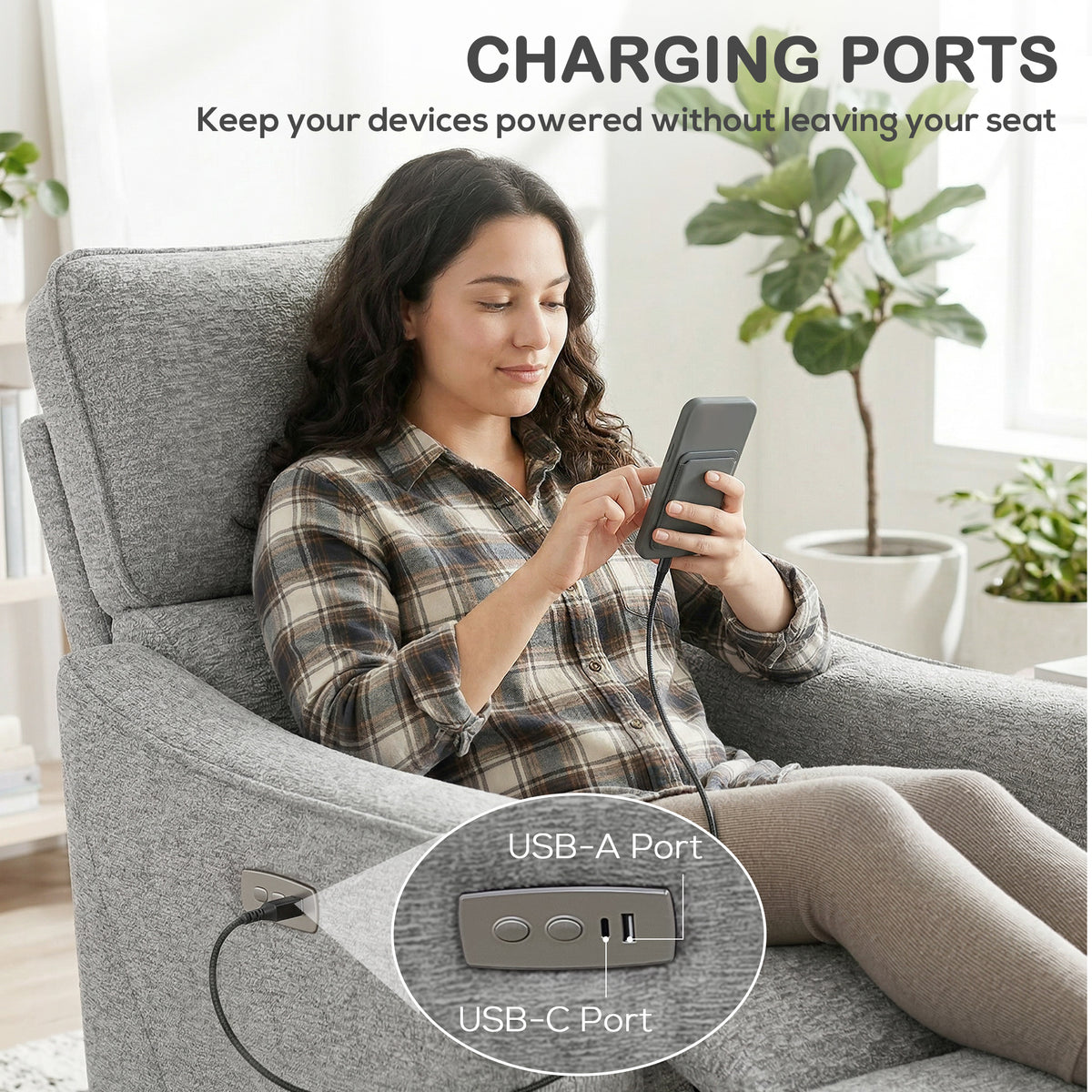 Power Recliner Chair, Chenille Upholstered Recliner Chair with USB Ports, Footrest, Dark Grey – view 13