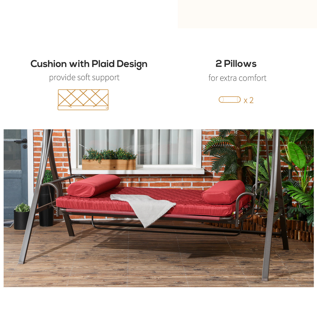 3 Person Porch Swing Bed, 2-in-1 Convertible Outdoor Patio Swing Chair Bench Hammock with Adjustable Canopy, Cushions, Pillows for Porch and Backyard, Red
