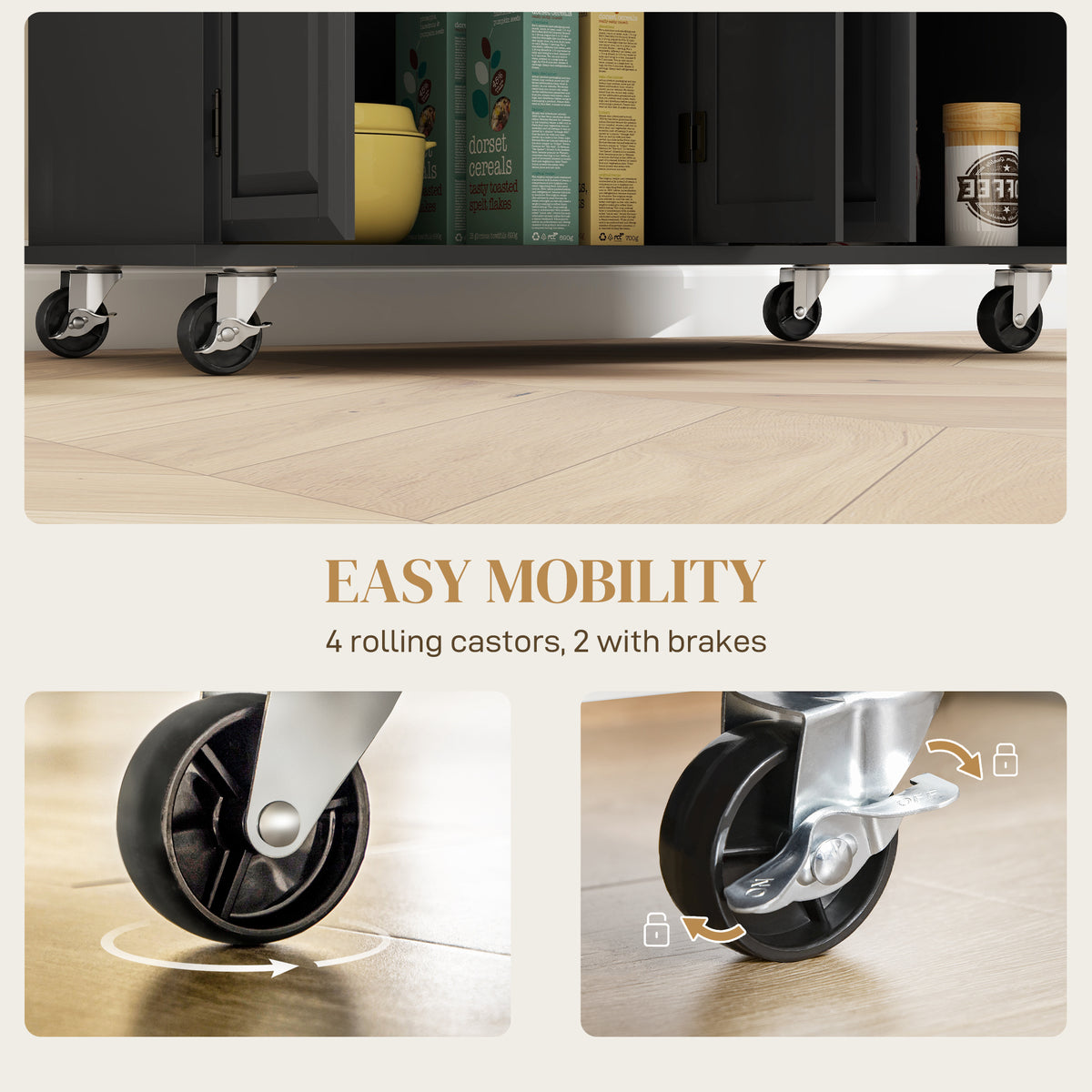 Kitchen Island on Wheels with Rubberwood Top, Rolling Kitchen Cart with 2 Drawers, 4 Doors and Adjustable Shelves