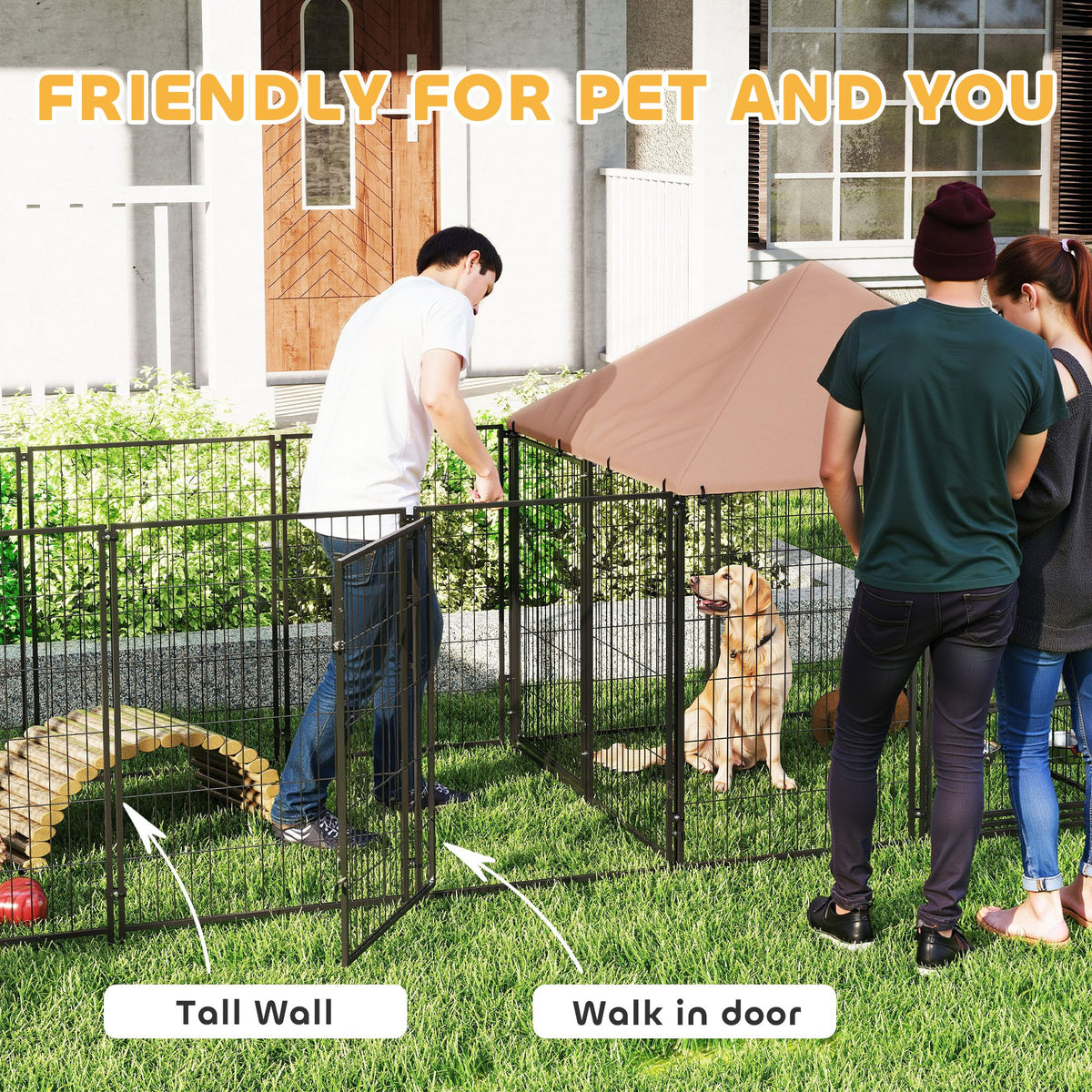 Outdoor Dog Kennel with Rotating and Adjustable Height Bowls, Waterproof UV-Resistant Cover, 11.3' x 4.7' x 5.1'