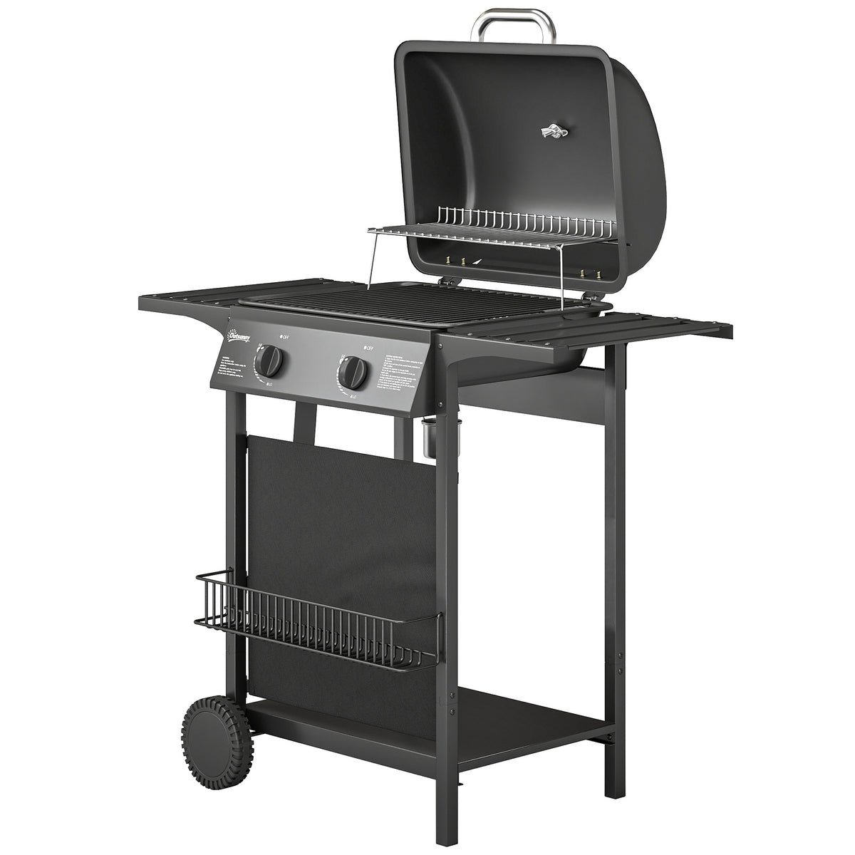 2-Burner Propane Gas Grill, 18000 BTU BBQ Grill with Wheels, Warming Rack, Shelf, Thermometer, Grease Cup, Black