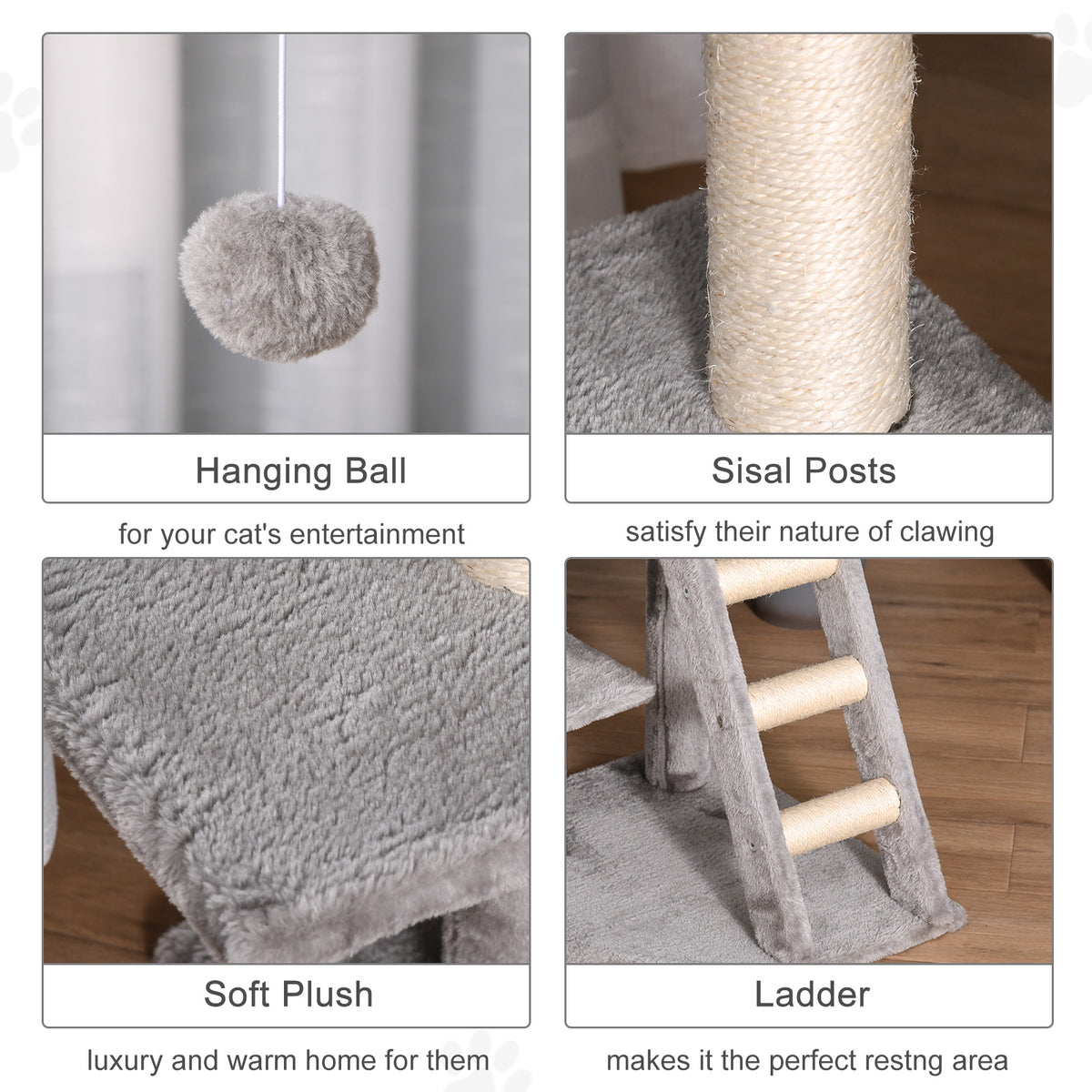 47" Tall Cat Tree Tower with Condo, Ladder, Scratching Posts and Hanging Ball, Light Grey – view 4