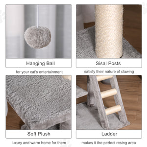 47" Tall Cat Tree Tower with Condo, Ladder, Scratching Posts and Hanging Ball, Light Grey – view 4