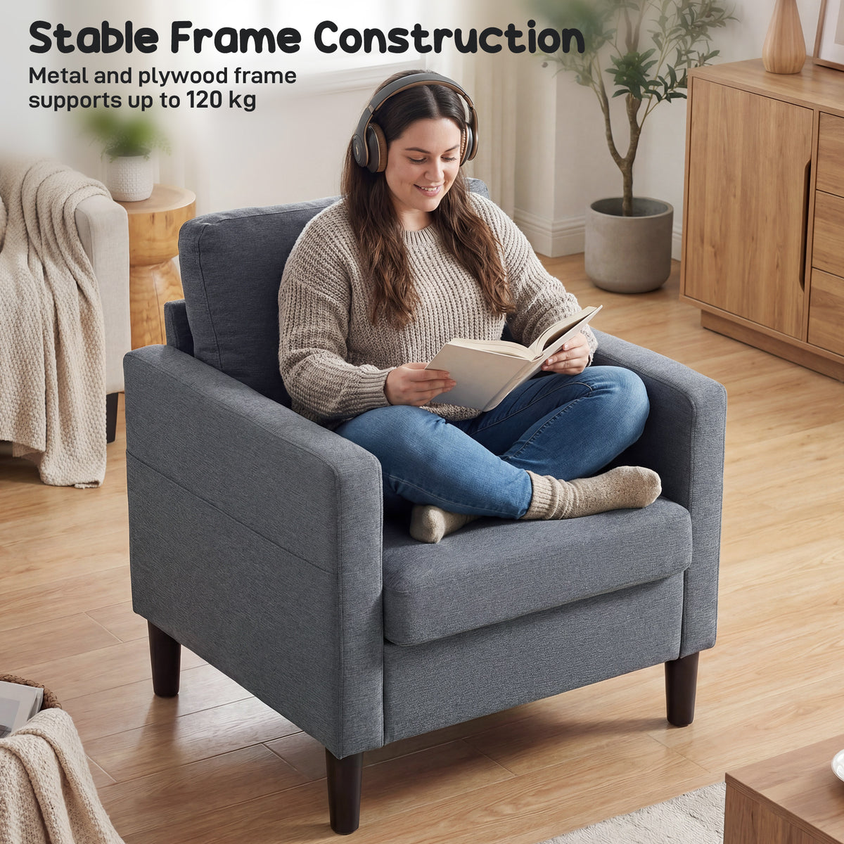 Accent Chair Upholstered Modern Armchair for Living Room with Thick Padded Seat and Armrests Dark Grey