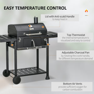 Charcoal BBQ Grill Smoker with Adjustable Charcoal Pan and Galvanised Steel Shell, Barbecue Grill Trolley with Storage