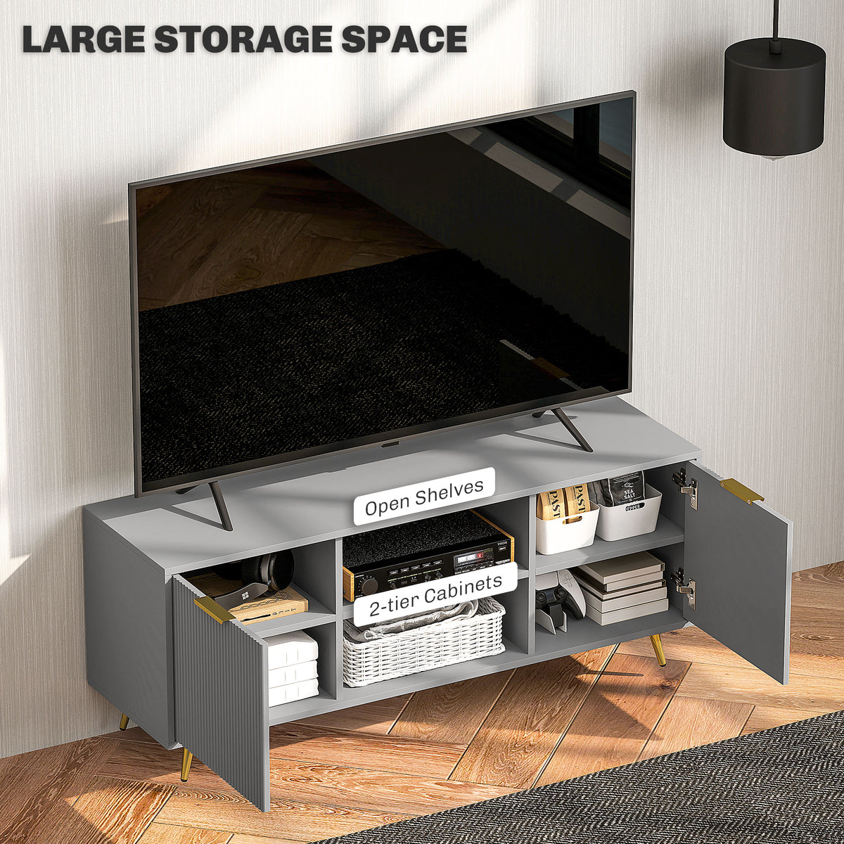 TV Stand with Storage for 55 Inch TV, Modern TV Cabinet with 2 Open Shelves and 2 Cabinets for Living Room – view 11