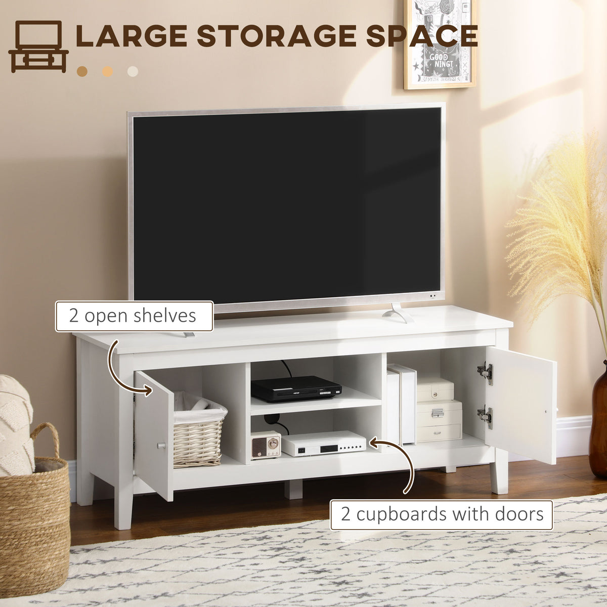 Modern TV Stand for TVs up to 55", TV Bench with Storage Cupboards and Shelves, 47.2" x 16.7" x 19.7", White