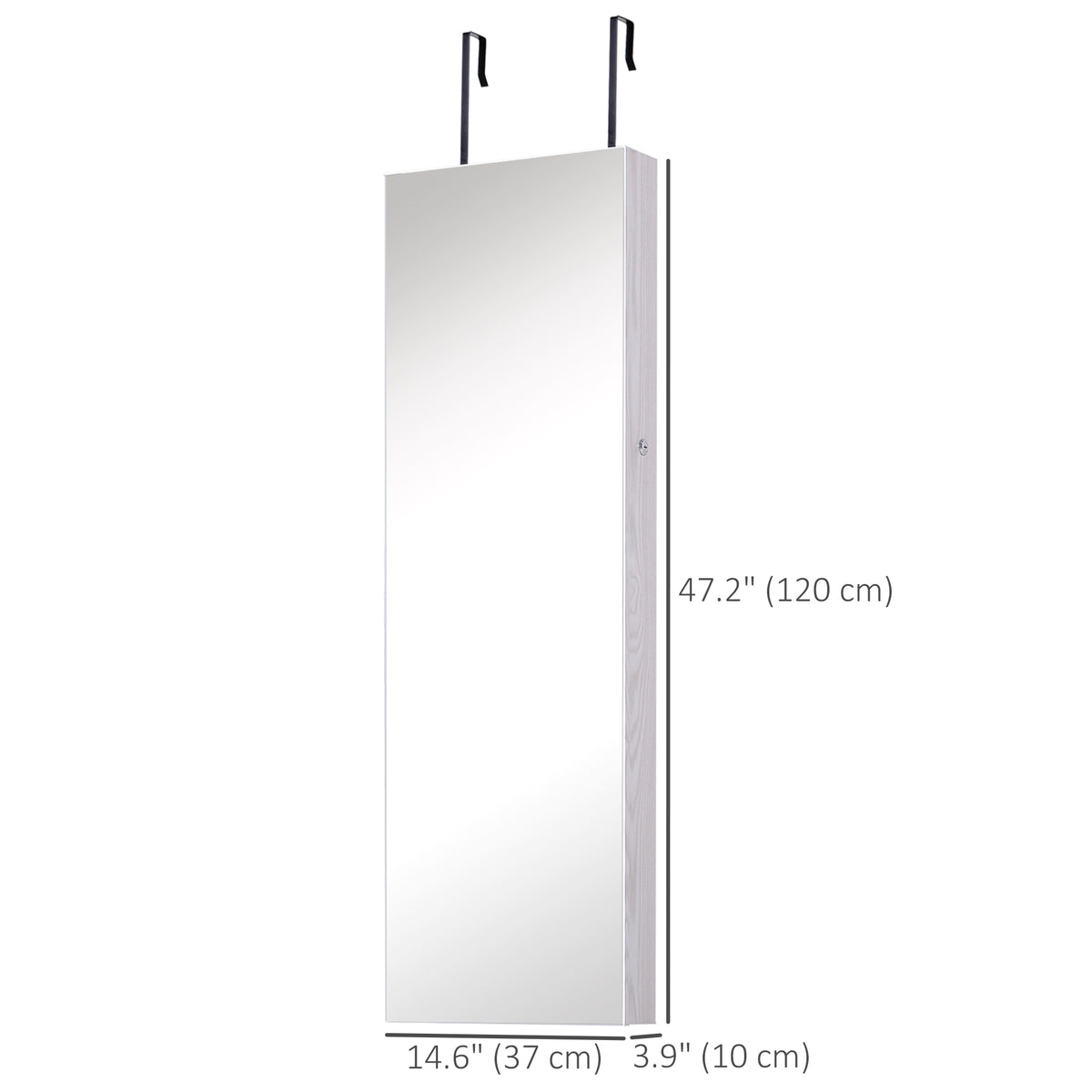 Mirror Jewelry Cabinet Armoire with LED Lights and 2 Keys, Wall Door Mounted Jewelry Organizer, Lockable Full-length Mirror, Wood Grain Grey