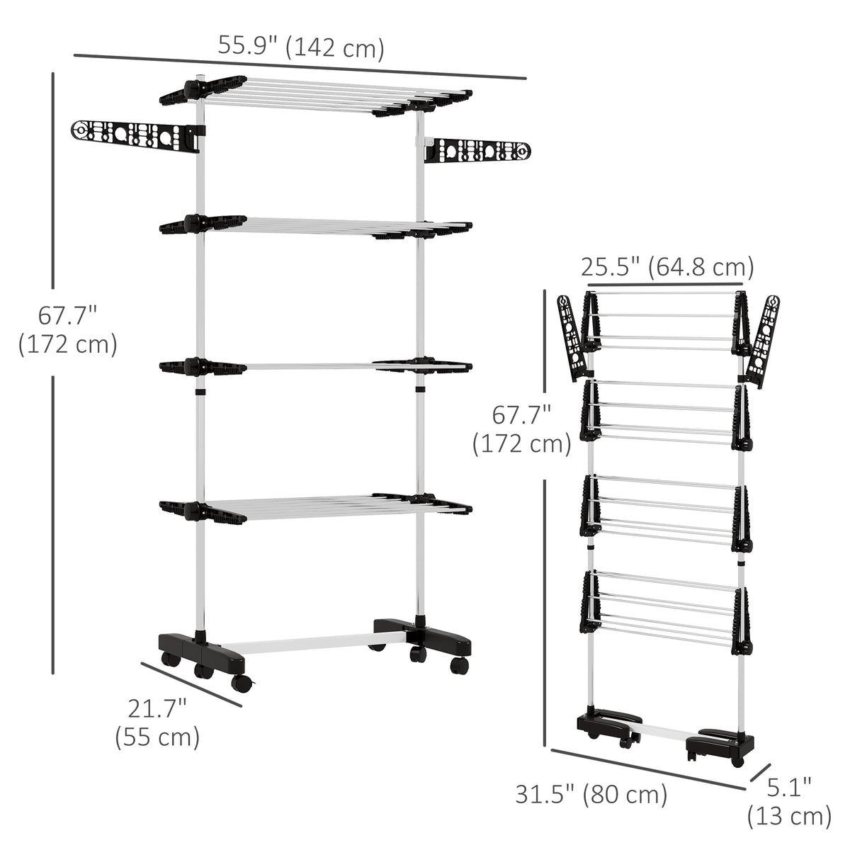 Garment Drying Rack Stainless Steel Folding Clothes Hanging Rack with Side Wings Castors for Indoor Outdoor – view 2