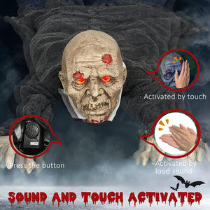55.9 Inch/4.7ft Life Size Outdoor Halloween Decoration Hanging Mummy with Spider Web, Animated Prop Decor with Sound and Motion Activated, Light Up Eyes, Creepy Sound