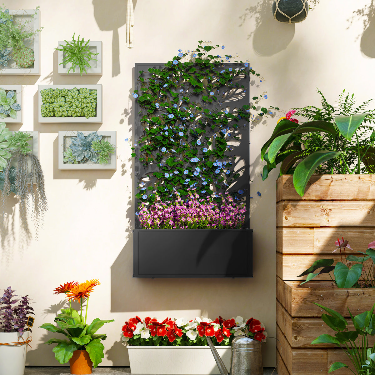 Metal Raised Garden Bed with Privacy Panel, Freestanding or Wall Mounted Outdoor Planter Box for Garden, Patio