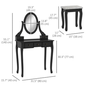 Vanity Desk with Stool, Makeup Vanity with 360° Rotating Oval Mirror, 5 Drawers and Padded Seat, Dressing Table for Bedroom, Black