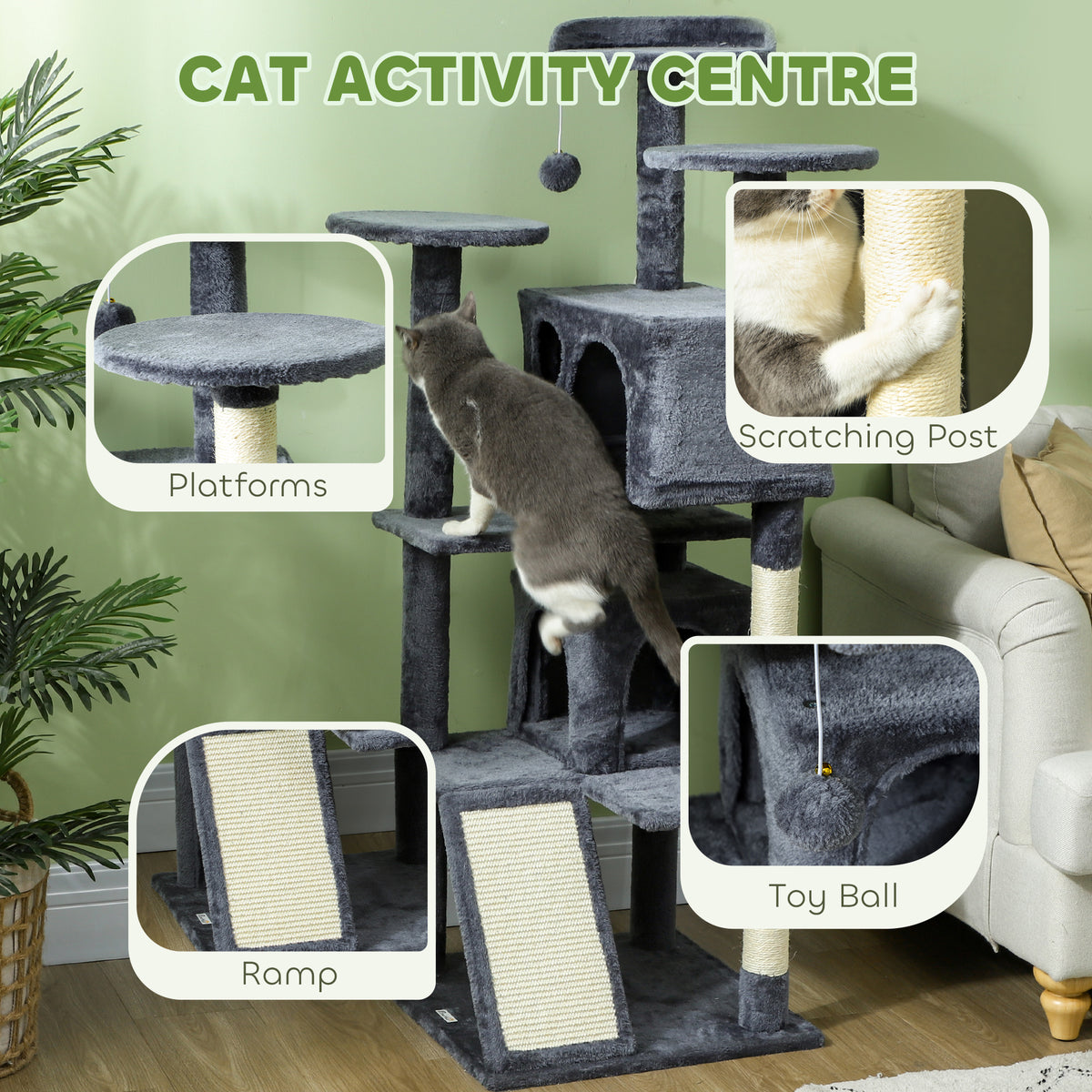 54" Cat Tree, Multi-Level Cat Tower with Scratching Posts, Cat Condos, Bed, Platforms, Ramp, Toy Ball, Beige – view 10