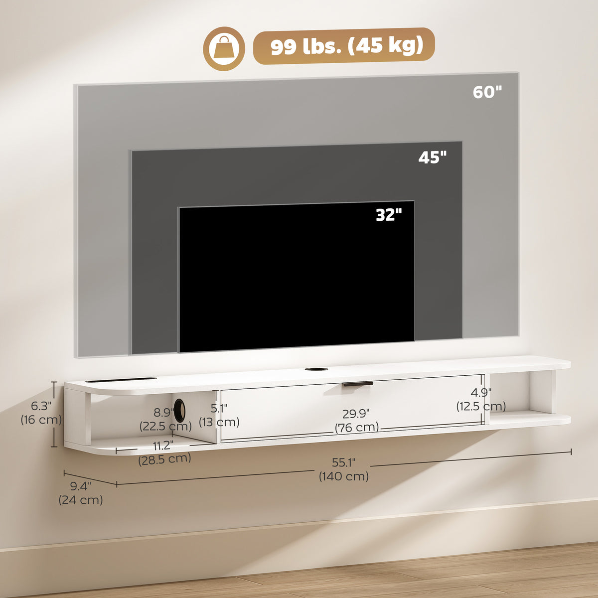 47" Floating TV Stand for TVs up to 50 Inch, Wall Mounted Media Console with Flip Drawer and 2 Open – view 16