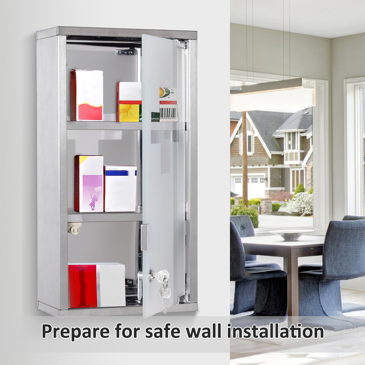 Wall Mount Medicine Cabinet, Bathroom Cabinet with 3 Tier Shelves, Stainless Steel Frame and Glass Door, Lockable with 2 Keys, Silver, 12" x 23.5"