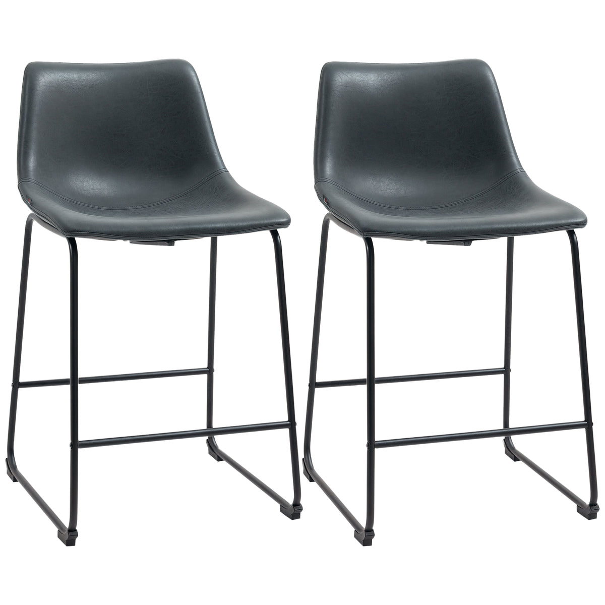 Counter Height Bar Stools Set of 2, Vintage PU Leather Bar Chairs, Kitchen Stool with Footrest, Black