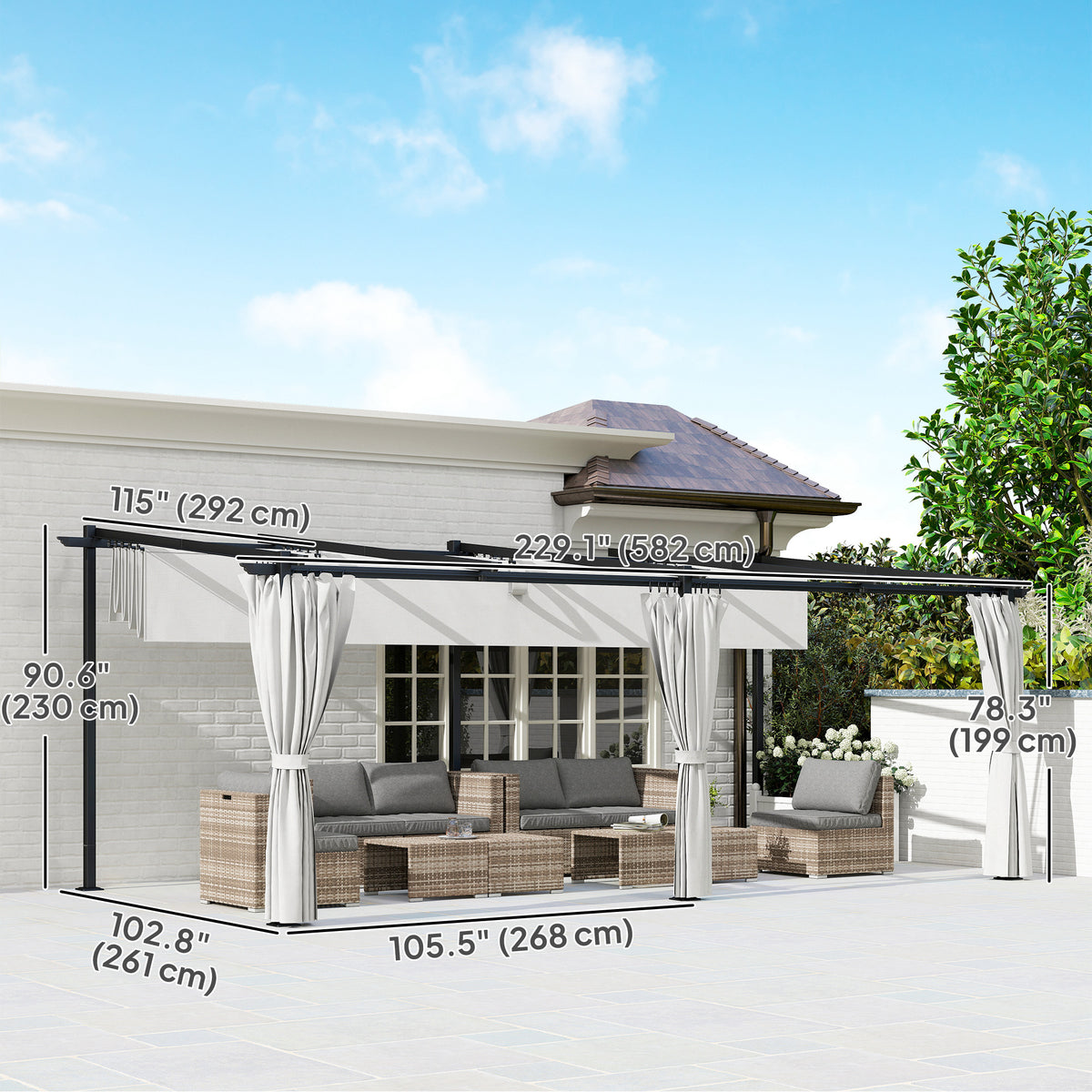 8' x 8.5' Metal Retractable Pergola Canopy with Sidewalls, Outdoor Gazebo UPF30+ Sun Shade Shelter for Garden, Deck