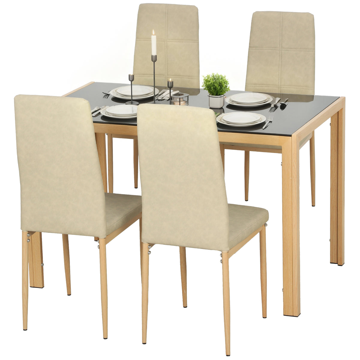 5-Piece Rectangular Glass Kitchen Table and Chairs with Metal Frame and Faux Leather Upholstery for Dining – view 3