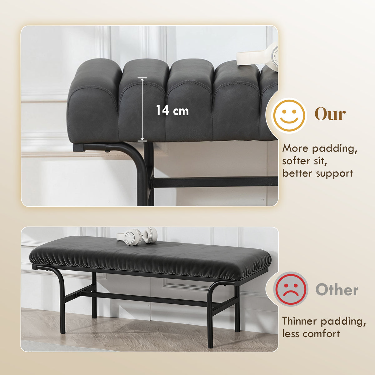 Bedroom Bench PU Leather End of Bed Bench with Cylindrical Seat and Metal Legs for Bedroom Living Room – view 4
