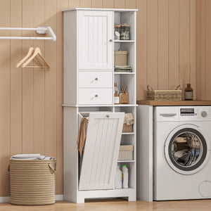 67" Tall Bathroom Storage Cabinet, Slim Bathroom Cabinet with Tilt-Out Laundry Basket, White