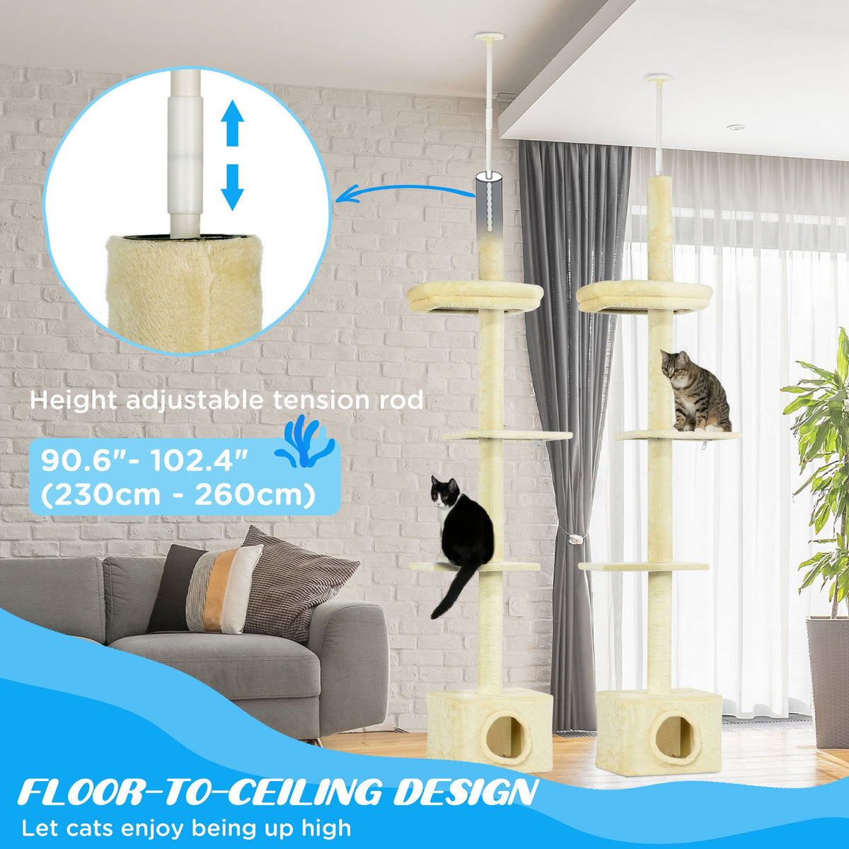 Floor to Ceiling Cat Tree with Scratching Post for Indoor Cats, Adjustable Height Cat Tower (91-102 Inches) with House, Bed, Beige