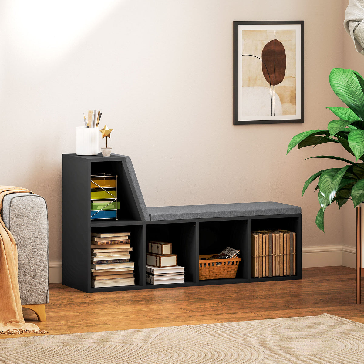 Multi-Purpose Bookshelf with 5 Cubes, 5-Cubby Bookcase with Cushioned Reading Nook and Storage Shelves, Blue – view 21