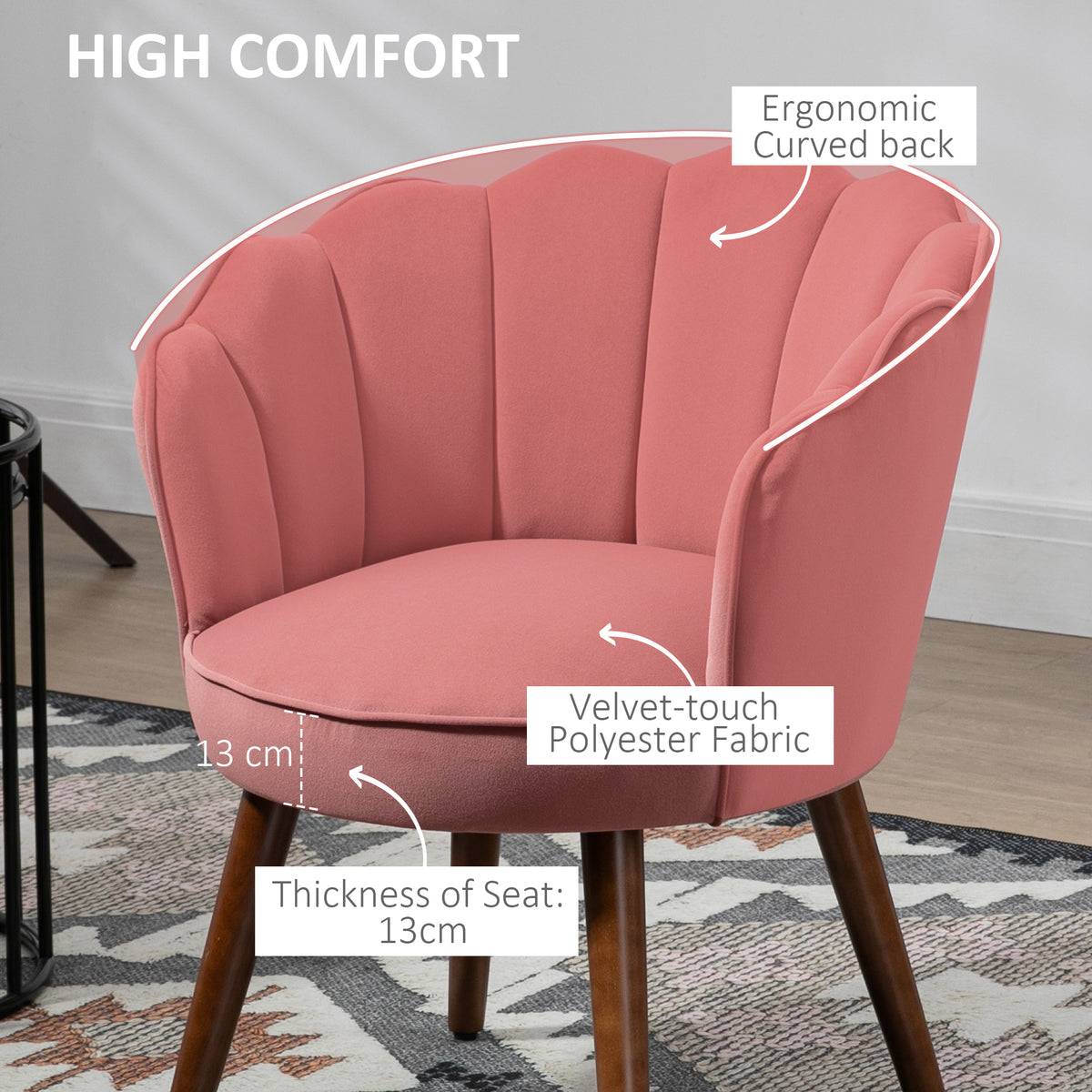 Modern Vanity Chair, Velvet-feel Fabric Leisure Accent Chair with Wood Legs for Living Room, Pink